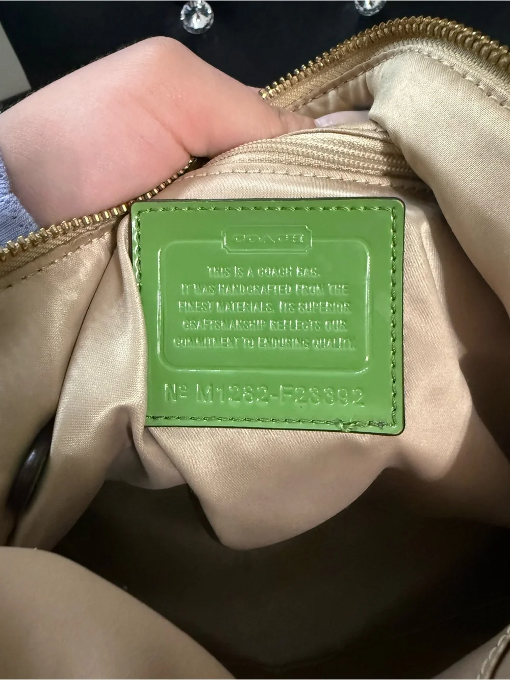 Coach Beige Signature Canvas Shoulder Bag with Green Trim